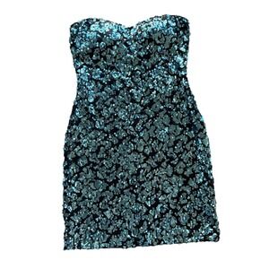 AS U WISH Women Small Teal Black Sequin Strapless Mini Dress Party Club Cocktail